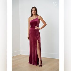 Jasmine Bridal, one shoulder velvet bridesmaid gown, in color desert rose